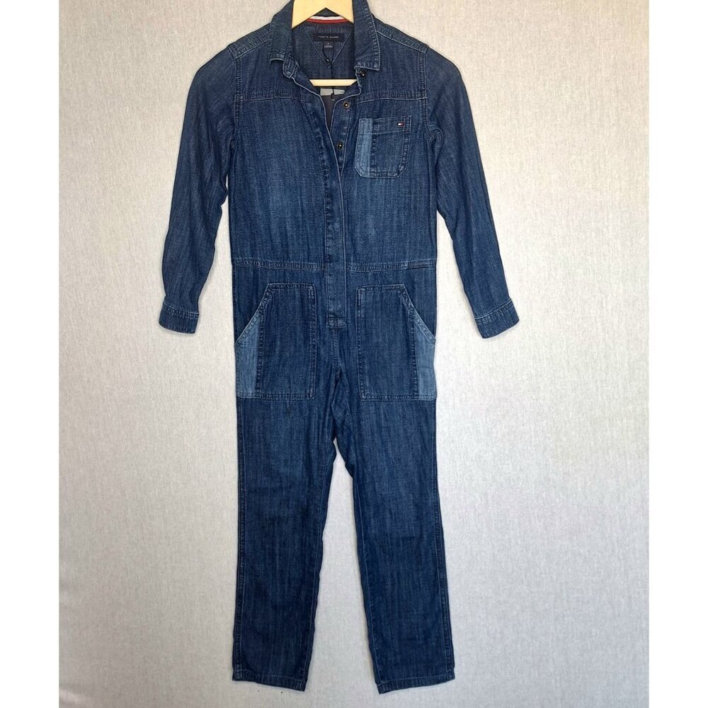 NWT Tommy Hilfiger Girls Denim Jeans Overalls Size 8 Long Sleeve Snap Buttons Pr